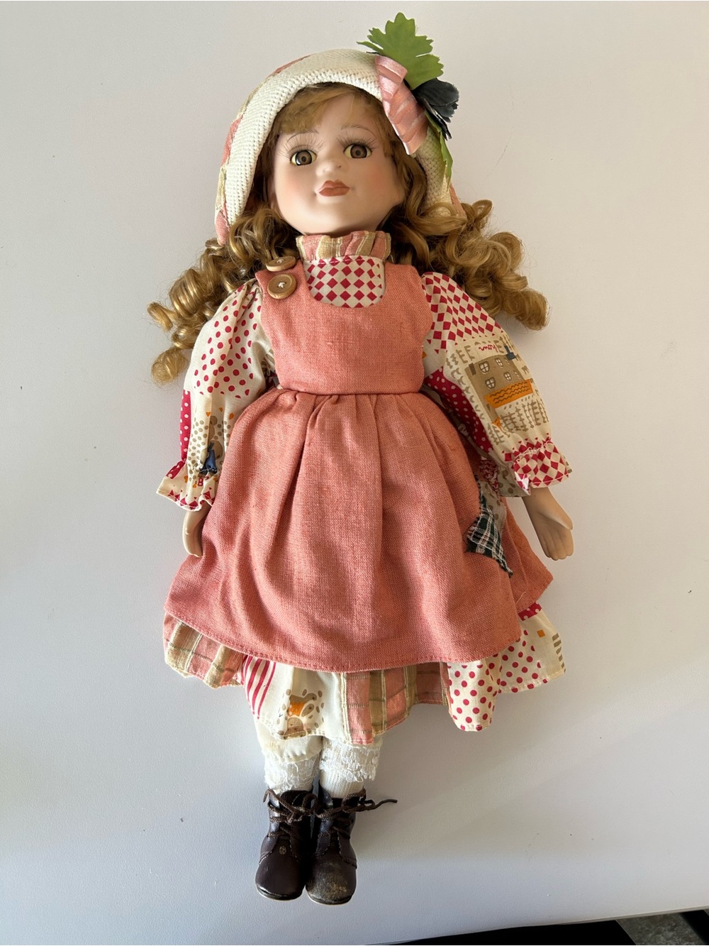Vintage 1980-1990s Porcelain Girl Doll in Pink Dress and Patchwork Outfit